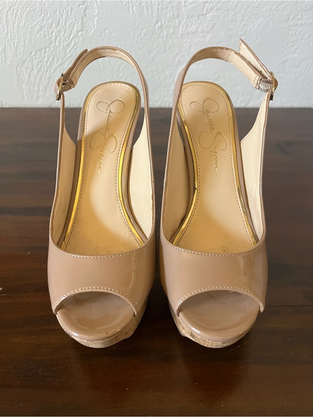 Jessica Simpson Beige Patent Peep-Toe Slingback Wedges